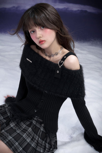 Spirit Black Oblique Shoulder Knitted Top