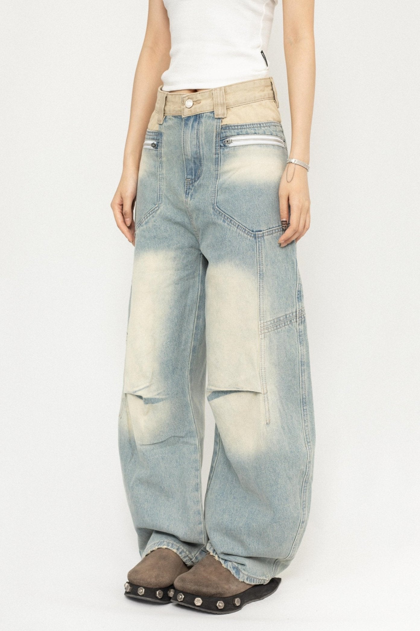 OCTTFLAB American high street stitched contrasting denim trousers design sense hot girl slim washed wide-leg trousers