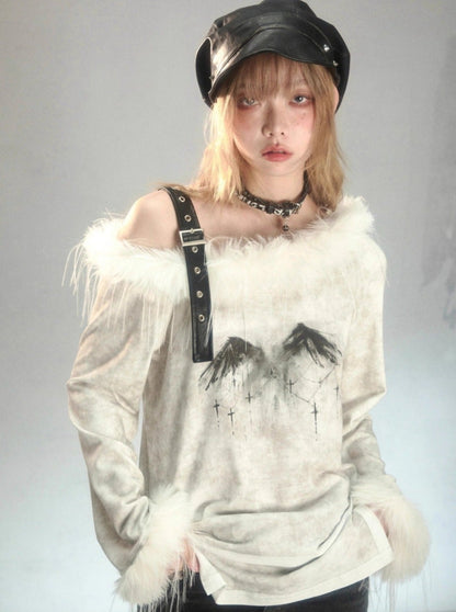 punk fur belt neck print long sleeve T-shirt