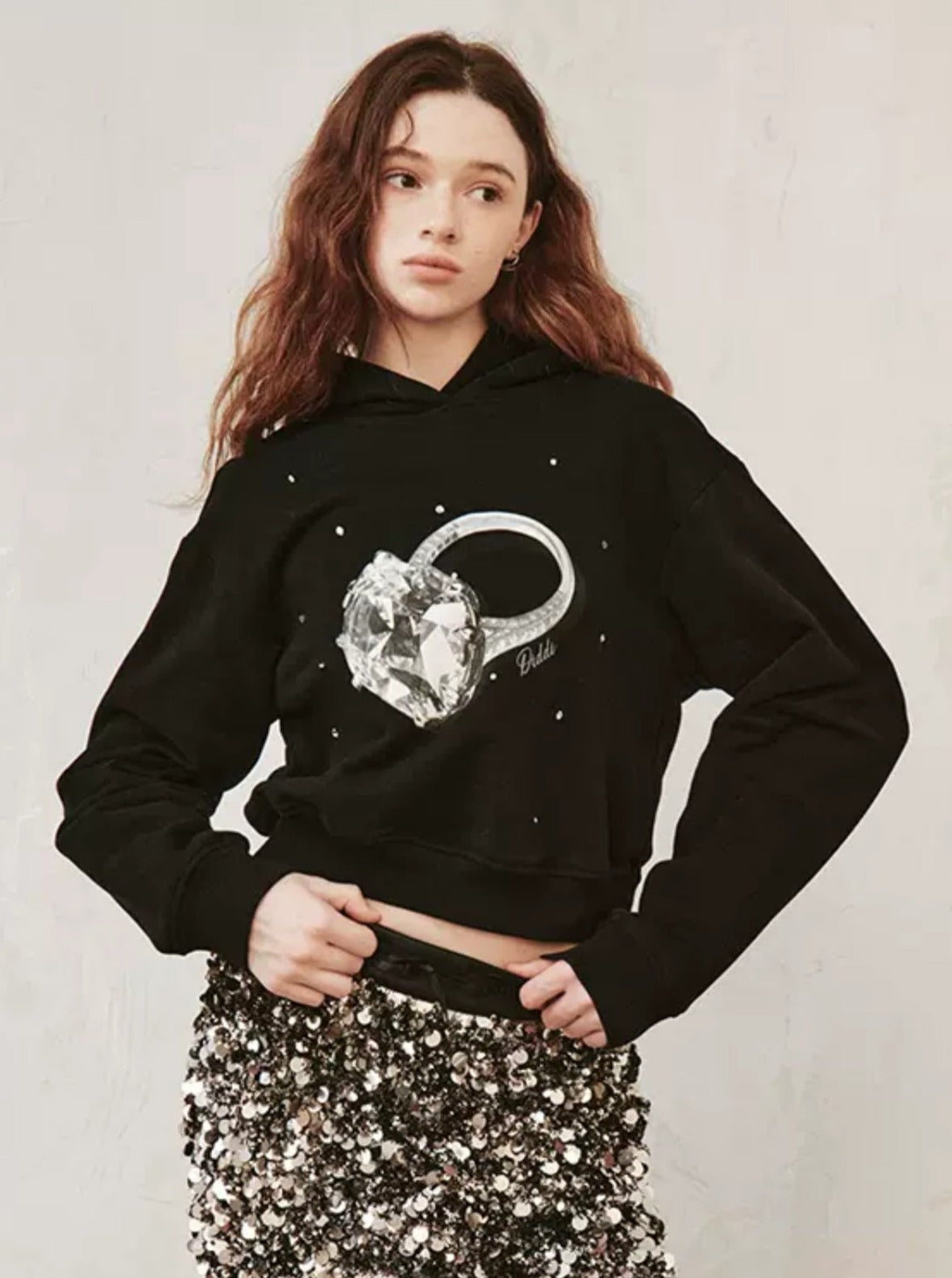 Diamond Ring Print Sparkling Hooded Top