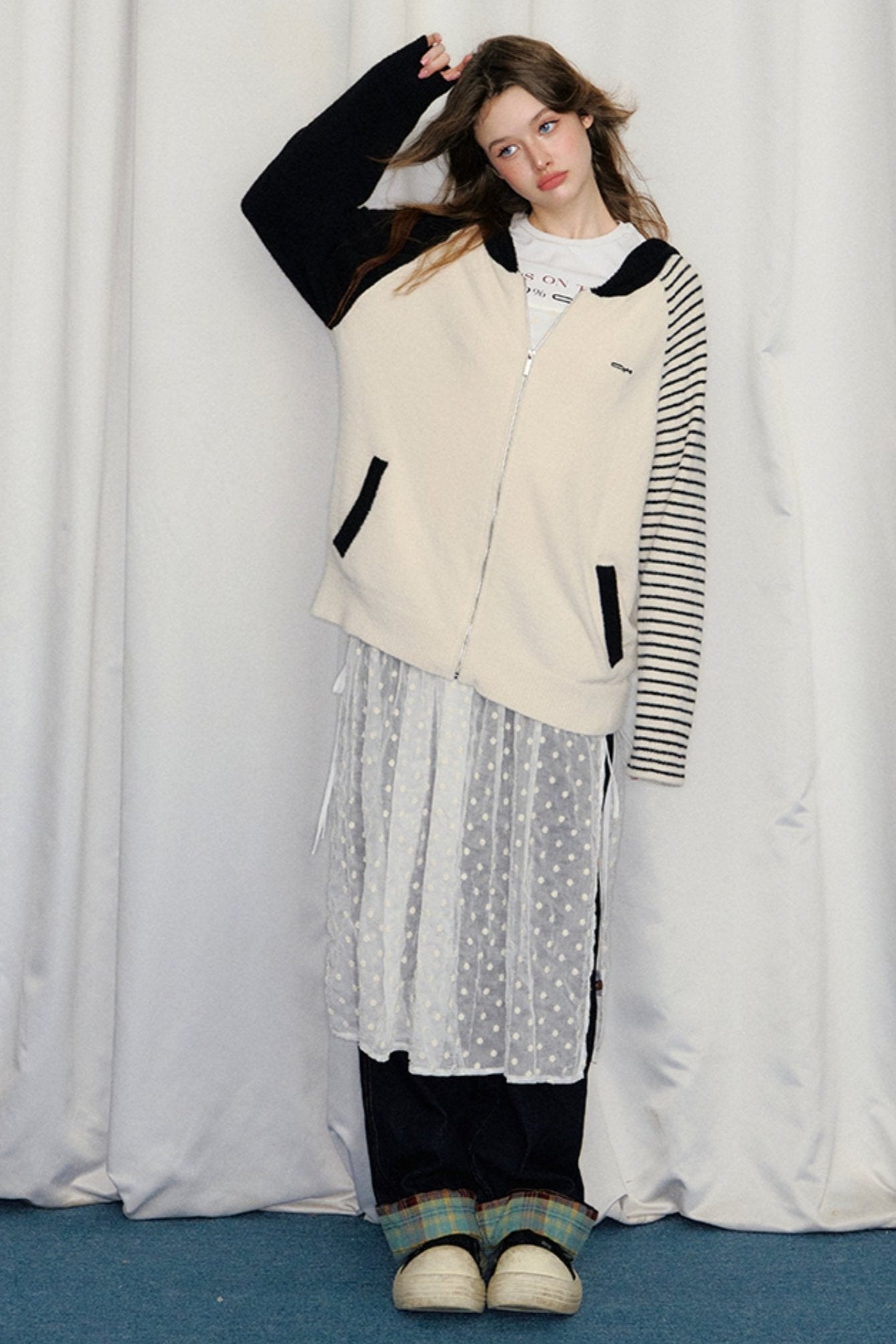 Black and White Striped Hooded Cardigan