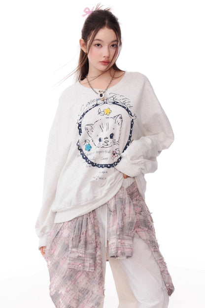 Cat Print Drawstring Loose Sweatshirt