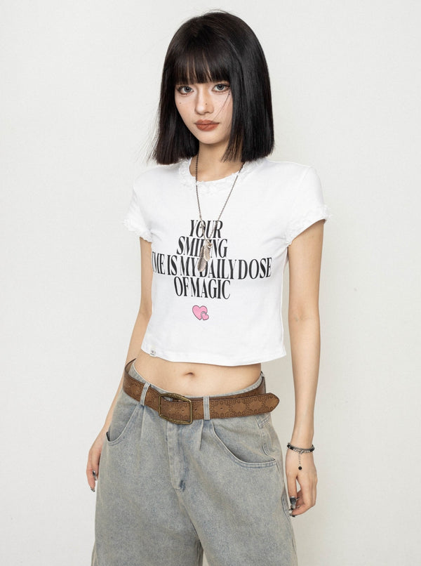 Simple English Printed Short Sleeve Top