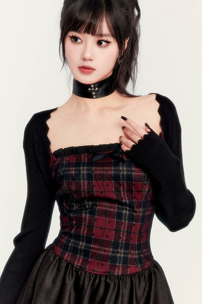 Dark Plaid Slim Slip Dress Set-Up