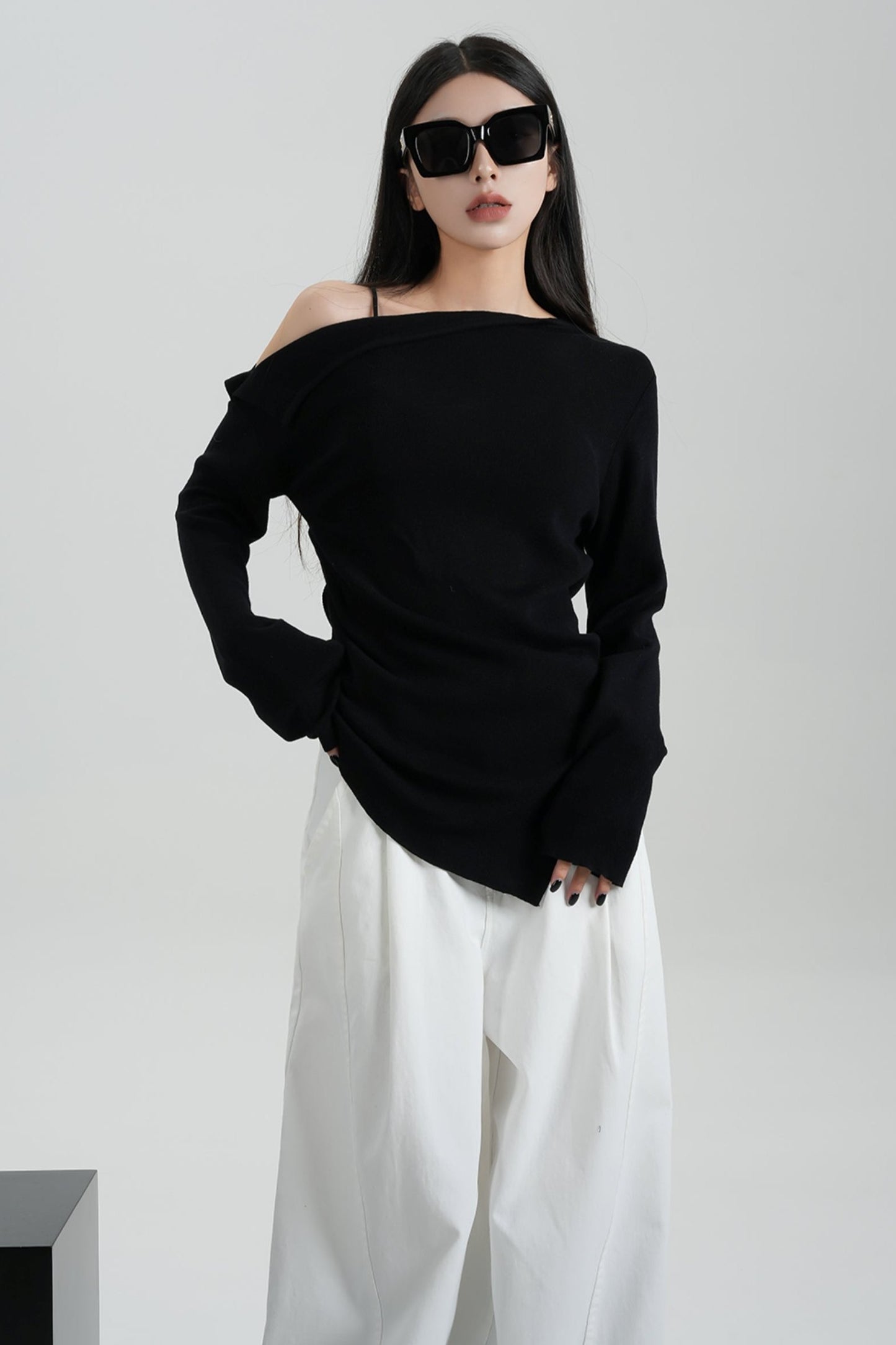 Straight Neckline Slanted Shoulder Sweater