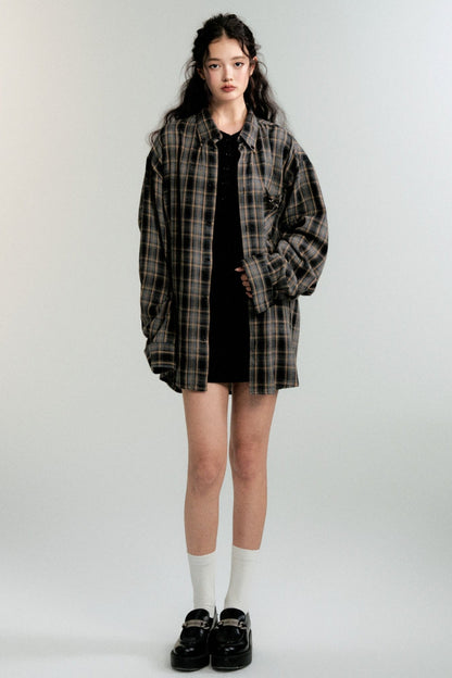 Color-Block Loose Check Long-Sleeed Shirt