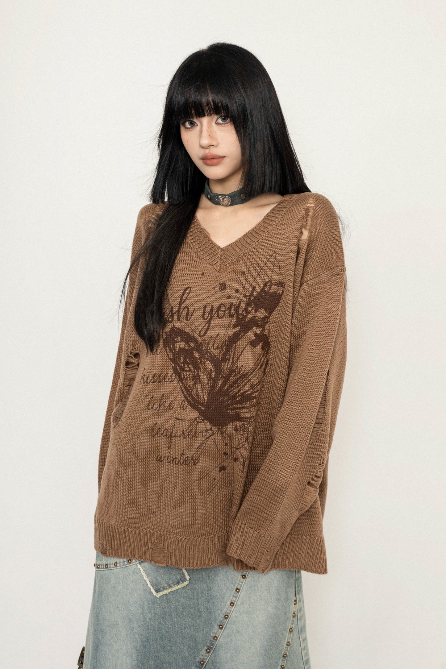 Coffee Knit Loose Fit Butterfly Sweater