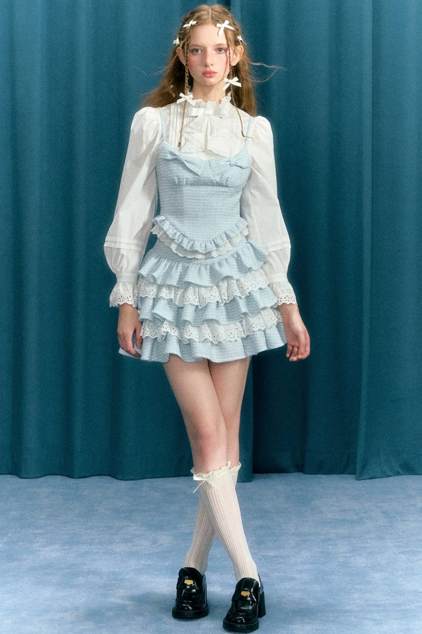 Powder Blue Tweed Ruffle Corset Top