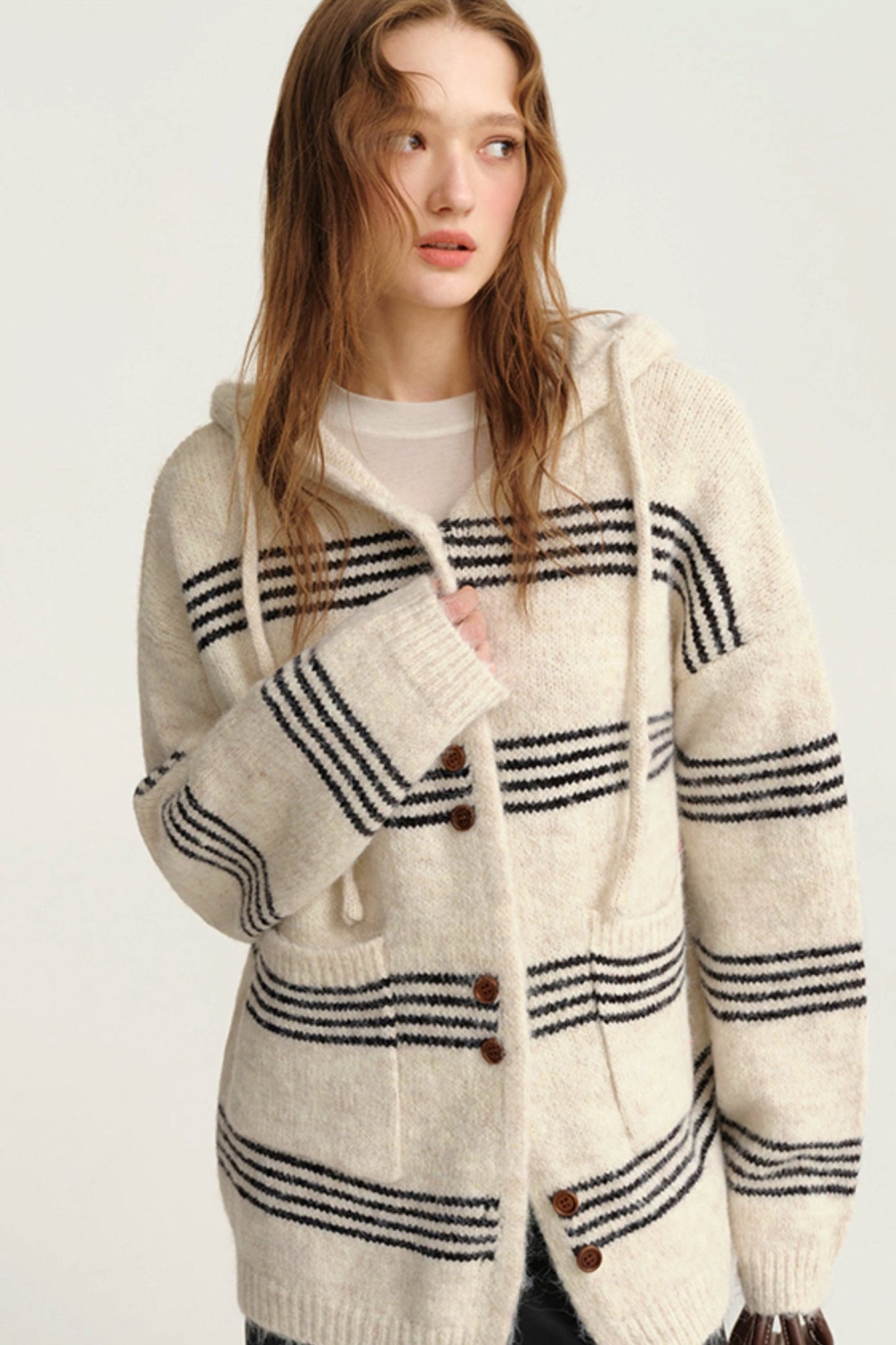 Slouchy Pinstripe Hooded Wool Cardigan