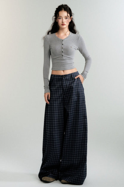 LULUSWINGS 24AW Slouchy Antique Navy Plaid Wide-Leg Pants Women's Loose Casual Straight Pants