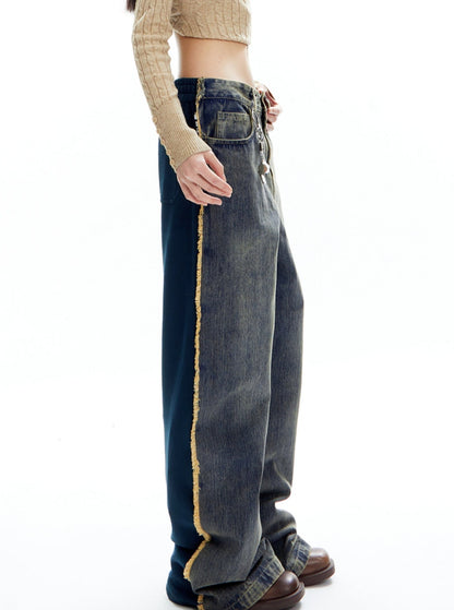 American Retro Cat Straight Stitched Pants