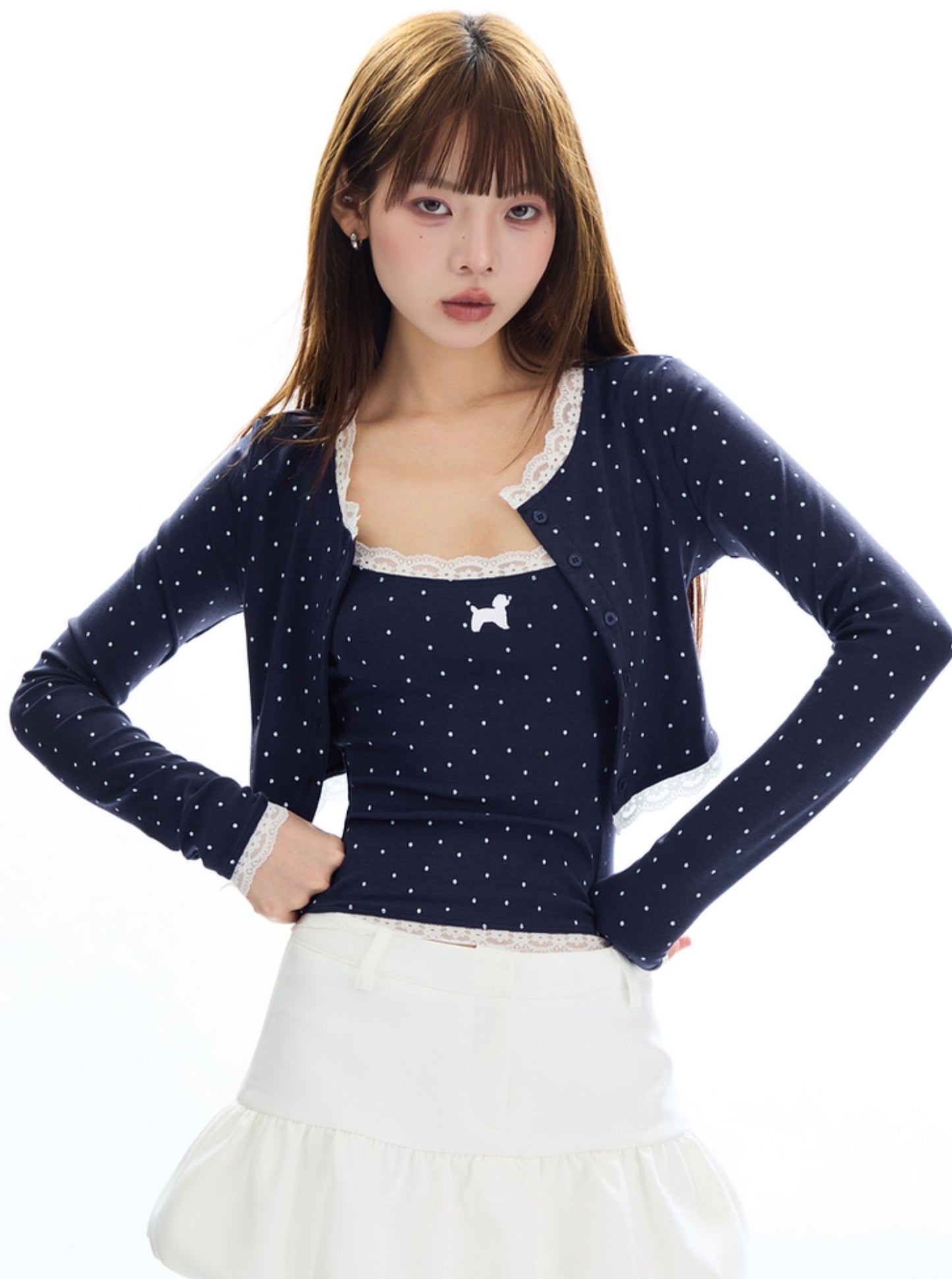 APEA Polka Dot Welpen Silhouette Druck reinen Wunsch Camisole Herbst kurze lange Ärmel Strickjacke Top zweiteilige Set für Frauen