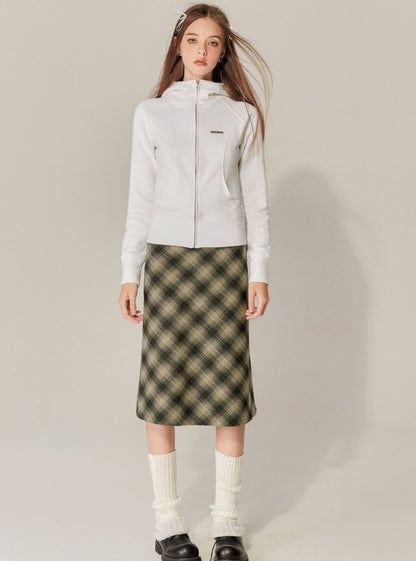 Checked A-Line Hip Midi Skirt