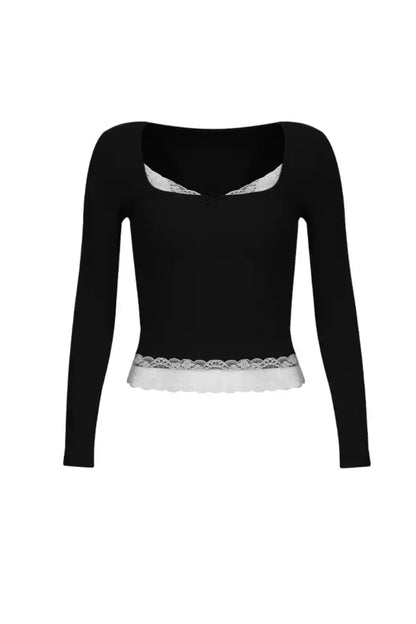 APEA French Square Neck Cropped Contrast Long Sleeve T-Shirt Women's Lace Trim Panels Slim Fit Fake Two-Piece Knit Top