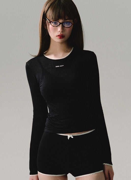 Black And White Embroidery Long-Sleeve T-Shirt