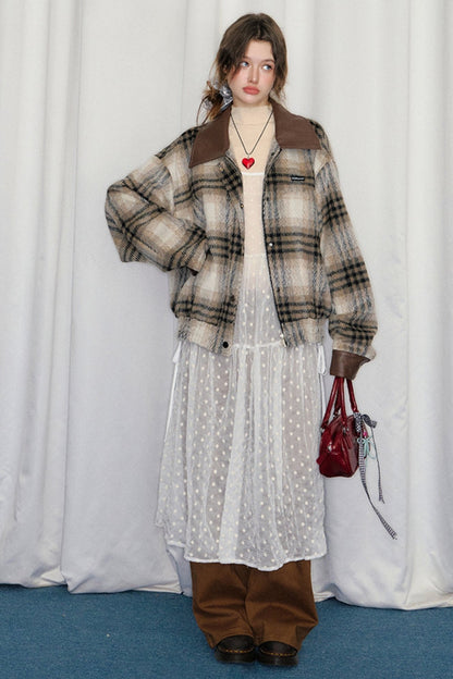 CyNi American Plaid Woolen Jacket Top, Wolle Tweed Revers, Herbst weiblich braun Temperament, Senior Short O