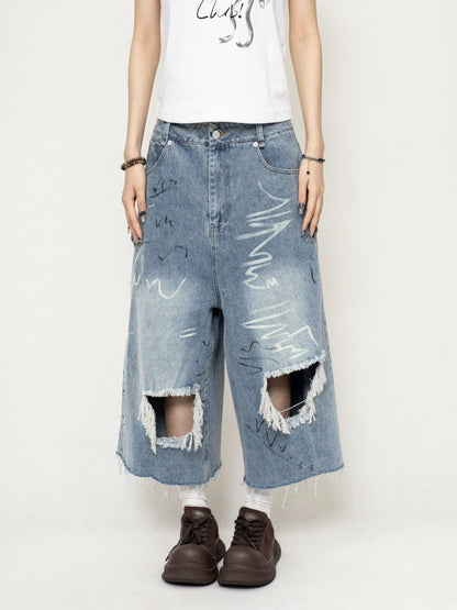 Ripped Denim Cropped Pants