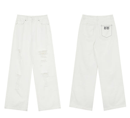 Chic Ripped High-Waist White Denim Pants