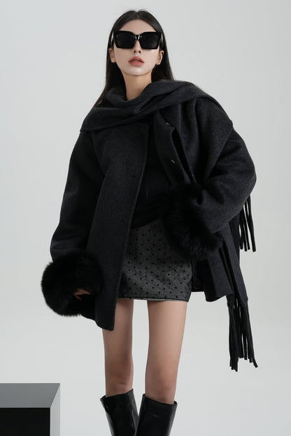 Fox Fur Sleeve Mid-Length Wool Coat