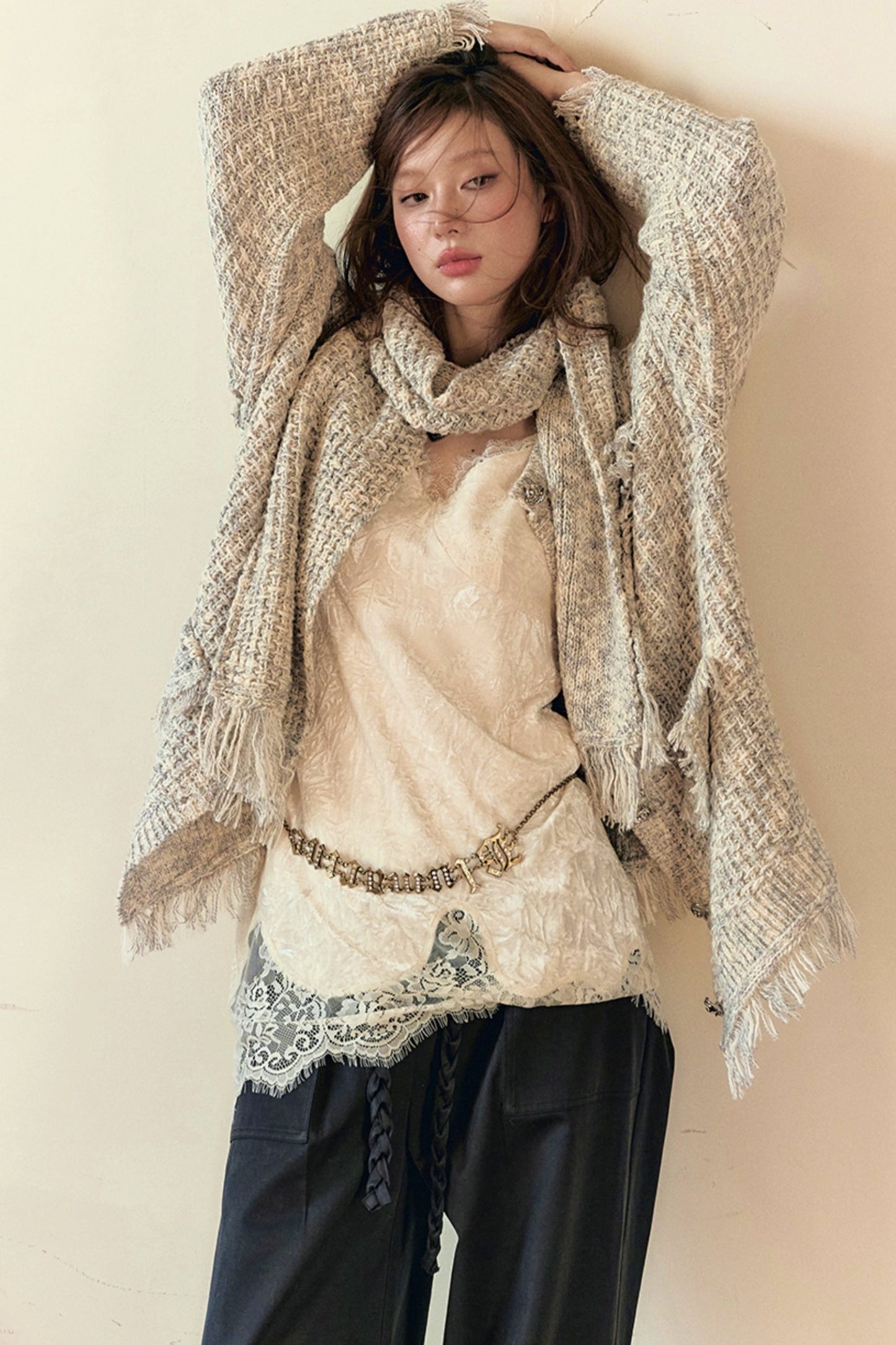 Lace Panel Sweater Jacket with Contrasting Knit Cardigan Vest