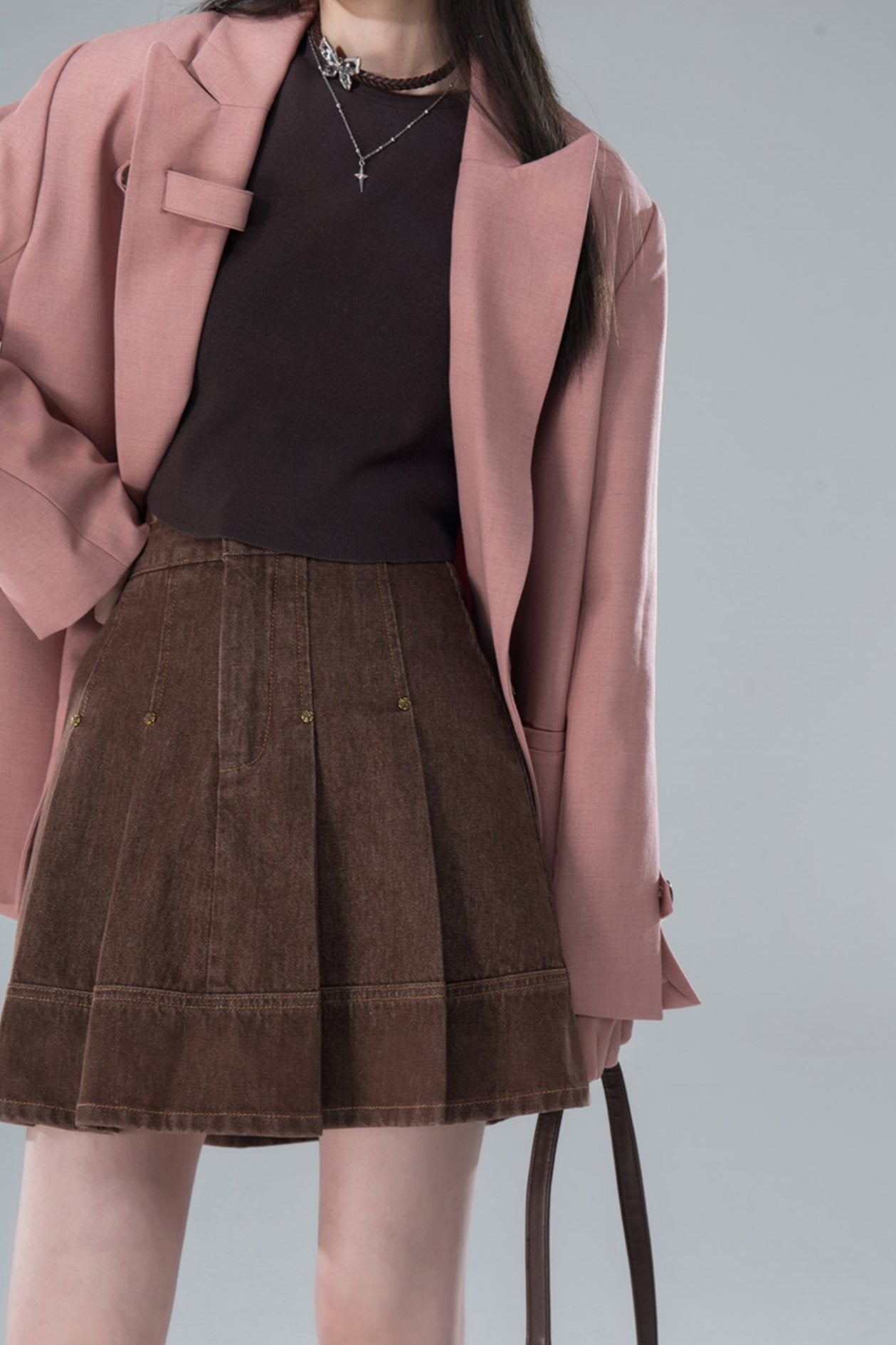 Sunset Brown Pleated Denim Skirt