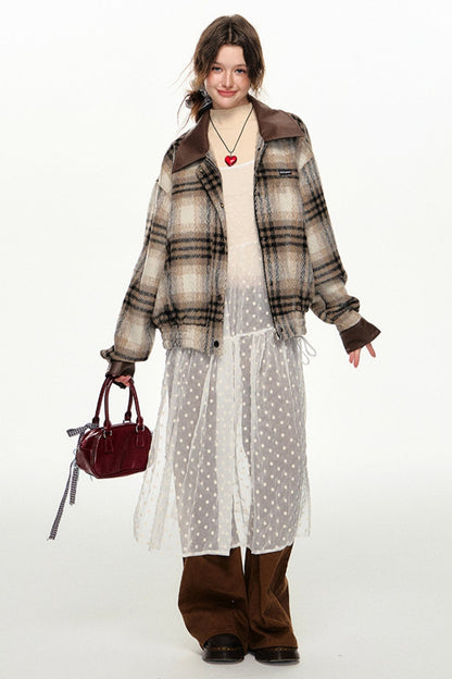 CyNi American Plaid Woolen Jacket Top, Wolle Tweed Revers, Herbst weiblich braun Temperament, Senior Short O