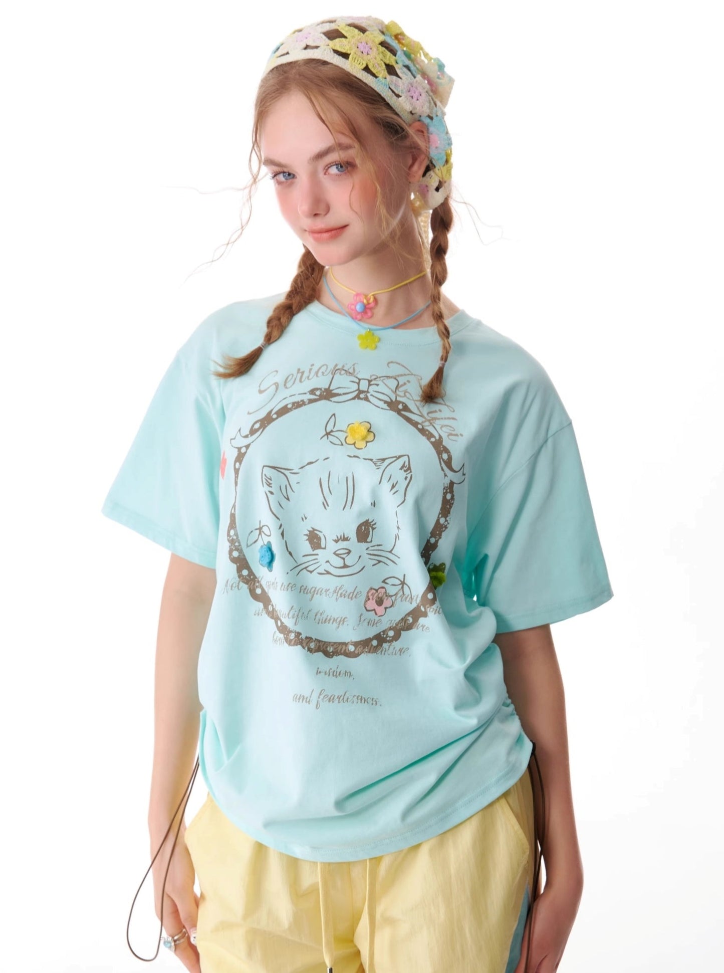 Loose Cat Print Drawstring T-Shirt