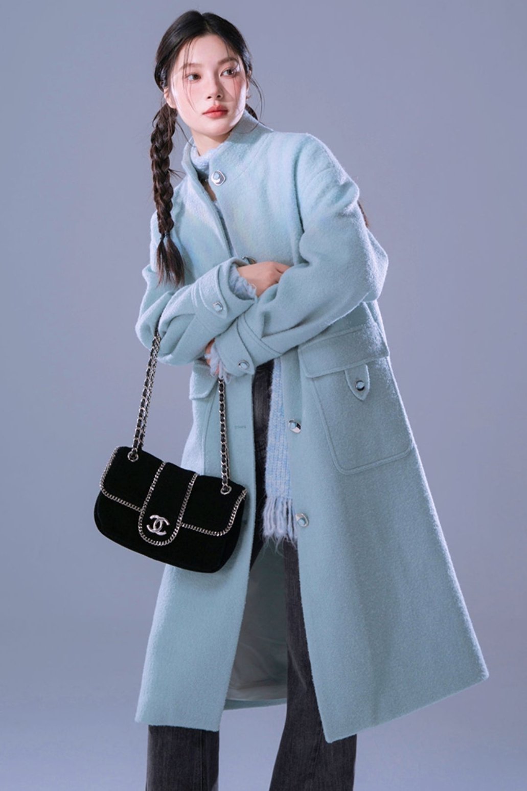 Blue Waxy Wool Long Coat