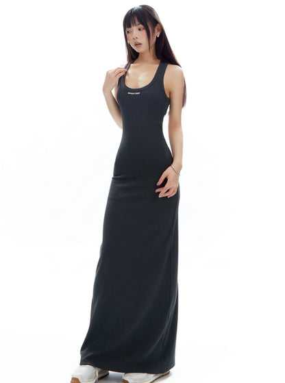 French U-Neck Knitted Maxi Dress