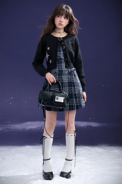 블루와 블랙 체크 가짜 투피스 드레스 