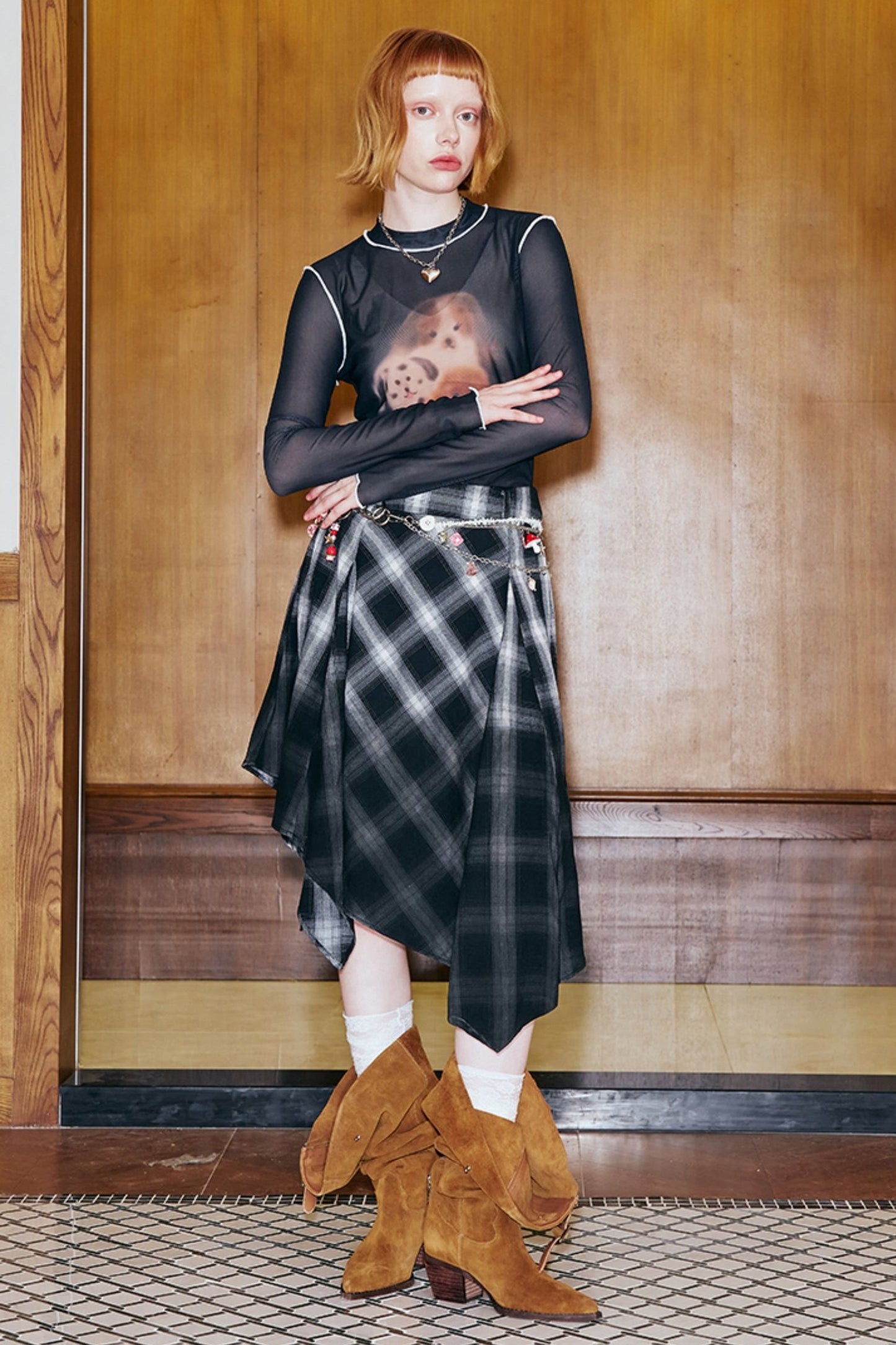 Checkered High-Waist Asymmetrical Skirt