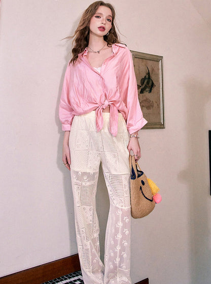 Lace Stitching White Flared Pants