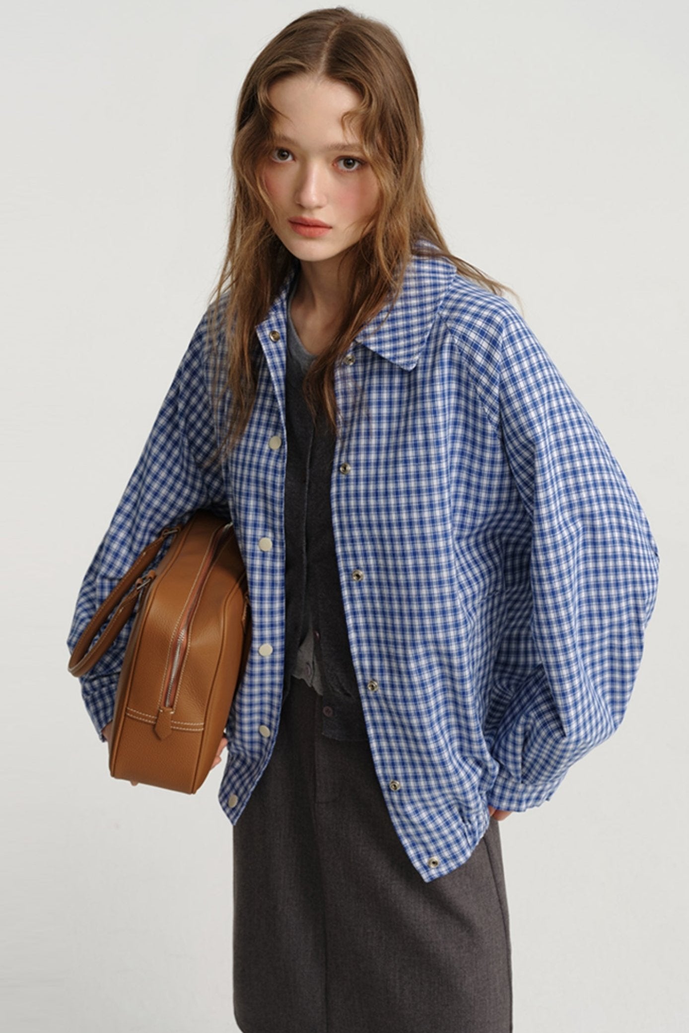 DESIGNER PLUS VINTAGE BLUE PLAID JACKET SHIRT WOMEN'S AUTUMN NEW CASUAL WAIST SHIRT SHORT JACKET