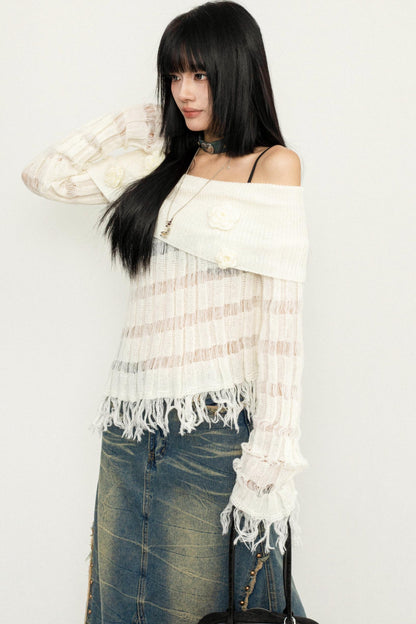 Off-Shoulder Tassel Knit Sweater