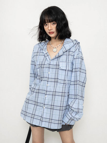 Plaid Casual Hooded Long Sleeve Unisex Shirt