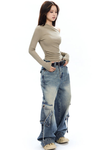 APEA American Retro Wash Distressed Cargo Jeans Women's Fall 2024 New Loose Straight Wide Leg Pants