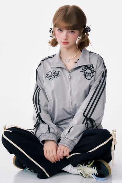 Retro Lace Bow Sporty Gray Jacket