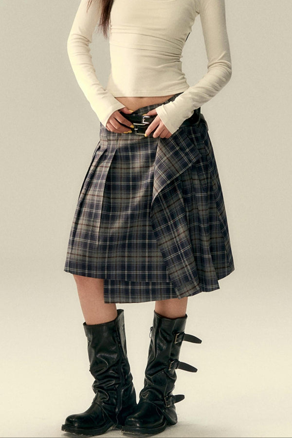Classic Asymmetric Plaid Midi Skirt
