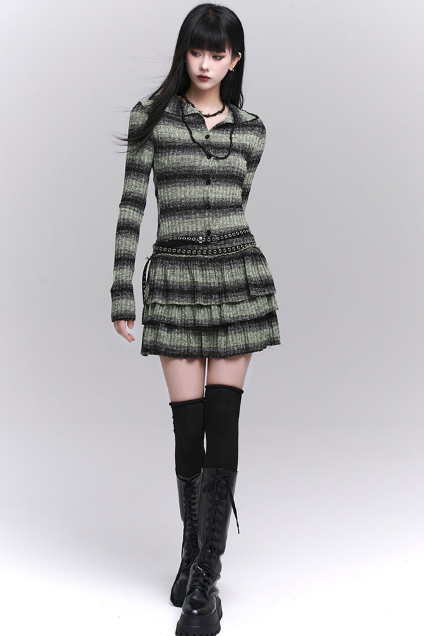 Early Autumn Thin Green Striped Knit Dress