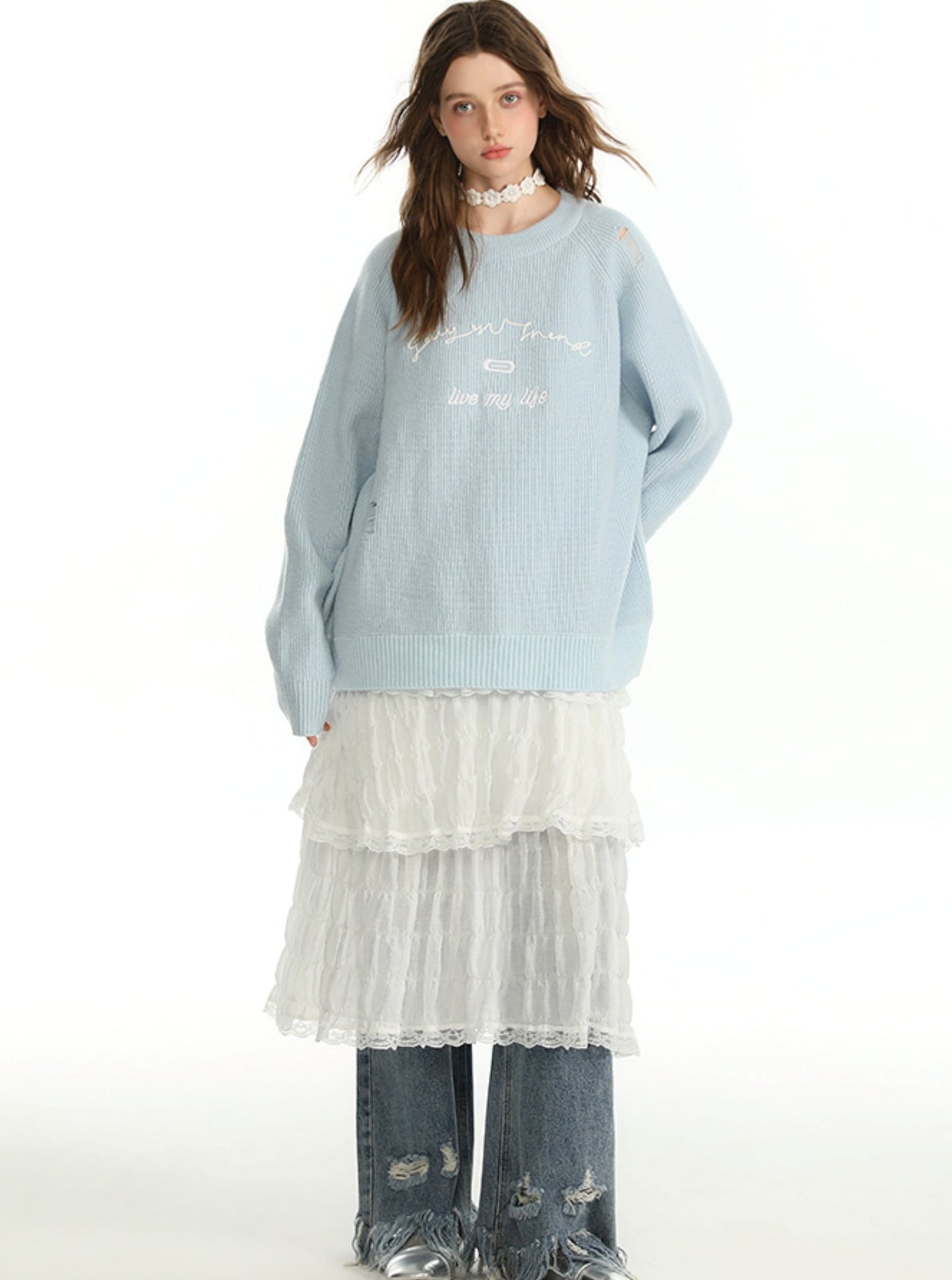 CyNi slouchy woolen embroidery basic crewneck sweater, langärmliges Pullover Oberteil, Strickwaren, lockeres Temperament und vielseitig