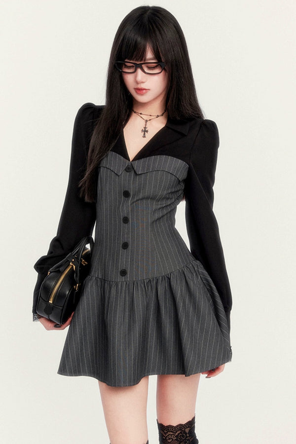 스트라이프 색상 블록 셔츠 드레스 세트 