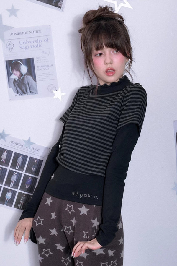 블랙 그레이 스트라이프 가짜 두 개 티셔츠 