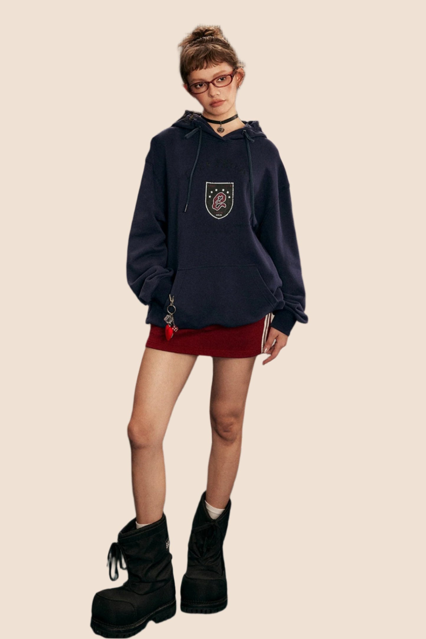 Badge Print Hooded Pullover Grey Sweatshirt