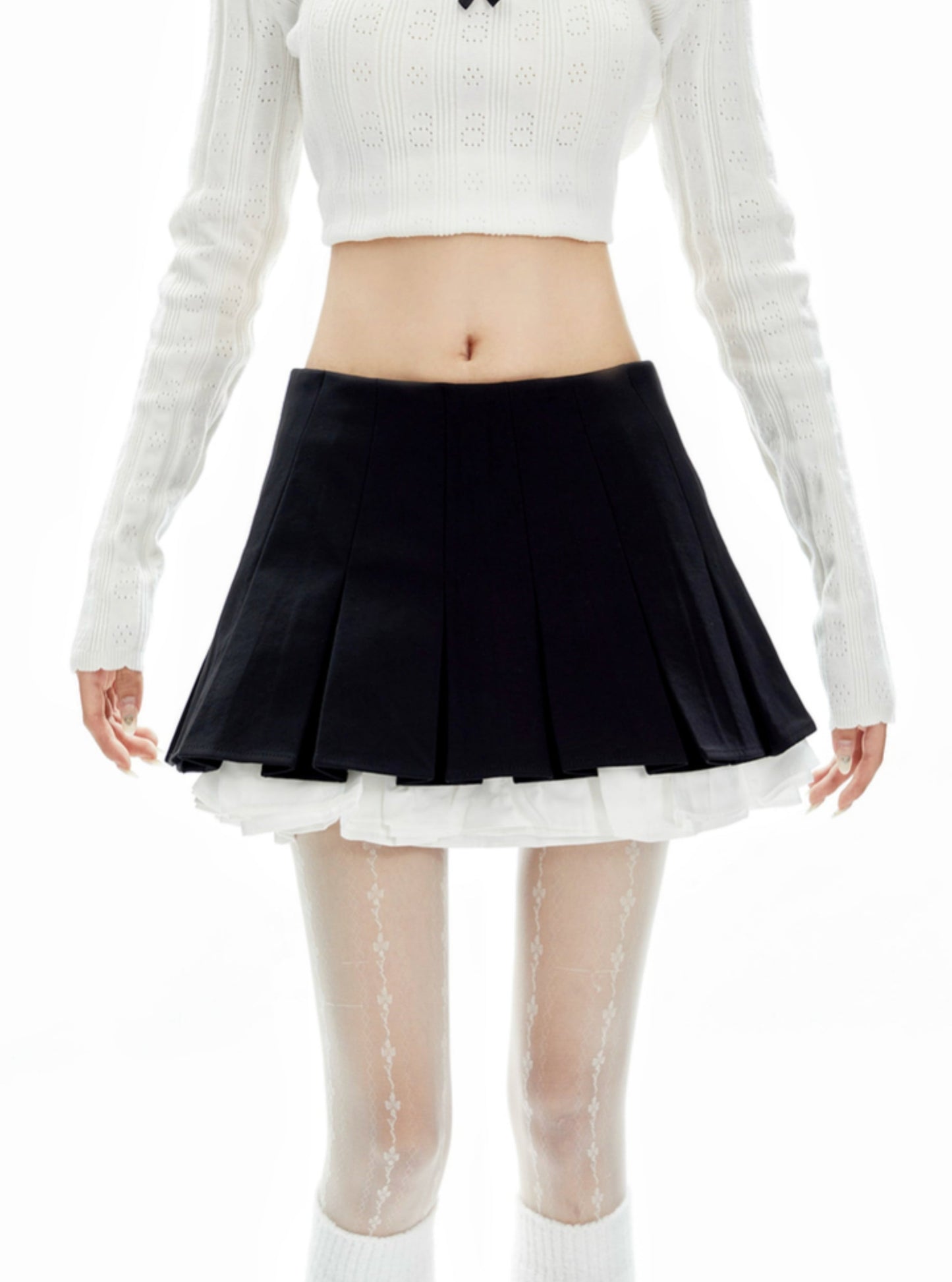 Retro Contrast Fake Two Pleated Skirt