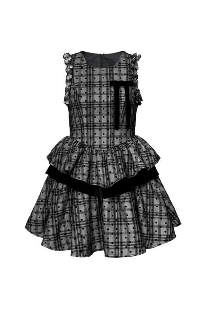 Checkered Bow Waist Velvet Dress