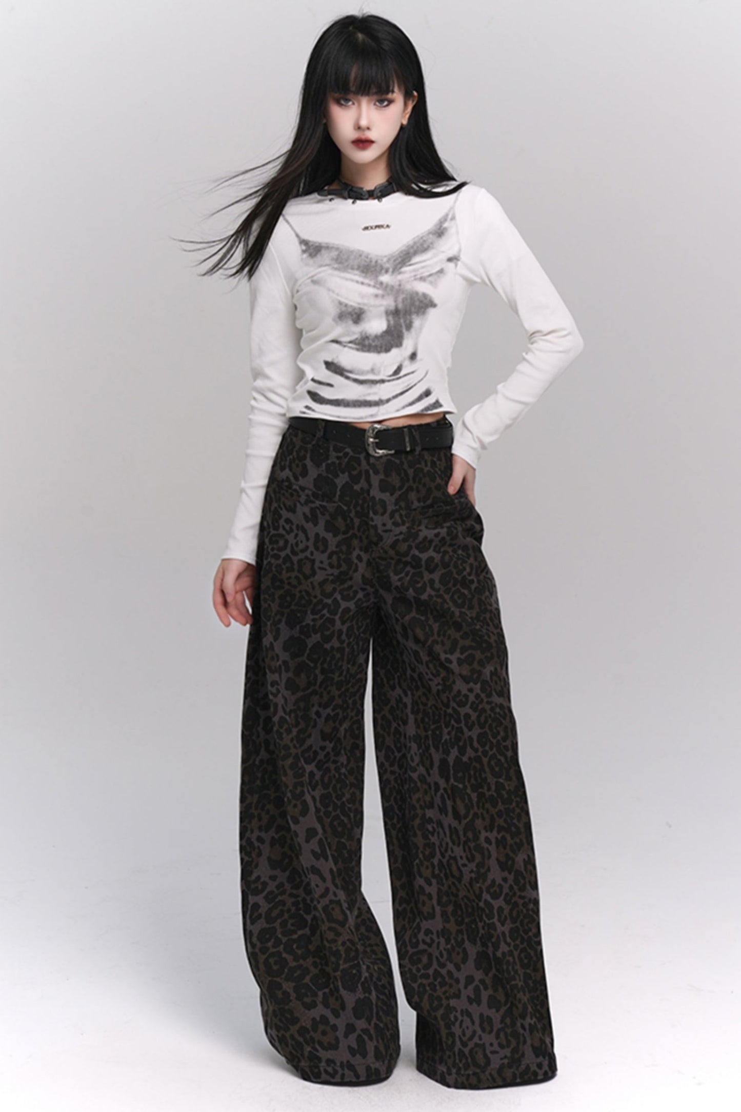 Ghost Girl American Leopard Print Jeans Wide-leg Pants Women's 2024 New Spring and Autumn Straight Pants Sweet and cool wear in early autumn