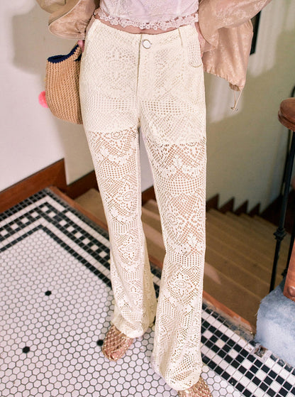 Lace Stitching White Flared Pants
