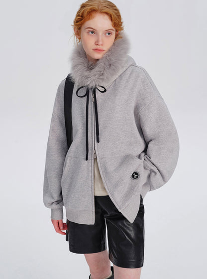 Fox fur collar hooded sweatshirt coat
