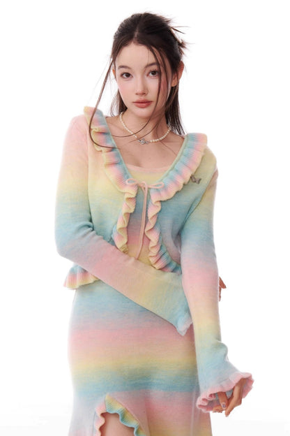 Retro Gradient Ruffles Bell Sleeve Cardigan