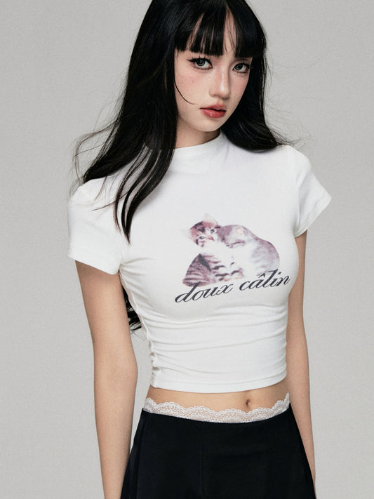 Fun Cat Print Cropped T-Shirt